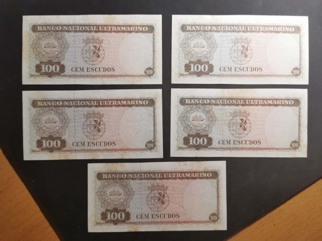 【鲸贝乐淘】千字文·第“节义廉退，颠沛匪亏”号拍卖 【东帝汶·汉字币】1963年100厄斯科多，5张一起，全新全品有黄斑无折痕，品相如图AUNC 