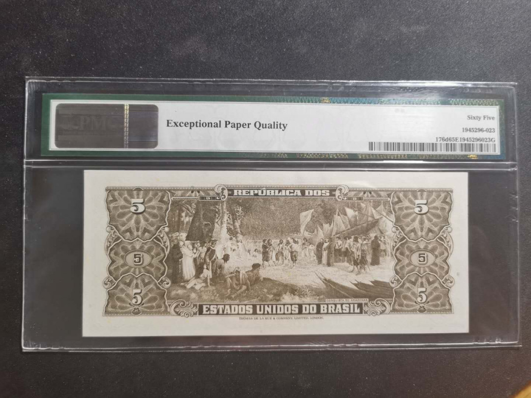 【鲸贝乐淘】千字文·第“节义廉退，颠沛匪亏”号拍卖 【巴西🇧🇷 】1964年5雷亚尔，PMG65E 