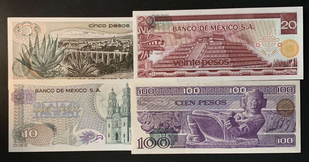 紫瑗钱币——微拍第102期—纸币场 墨西哥 70—80年代  5 10 20 100比索 4枚一套 