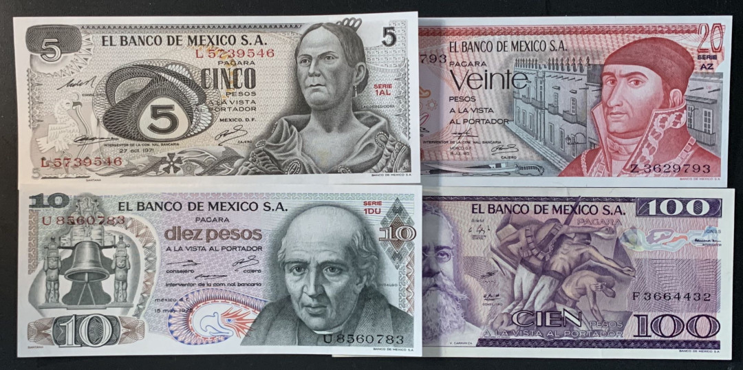 紫瑗钱币——微拍第102期—纸币场 墨西哥 70—80年代  5 10 20 100比索 4枚一套 
