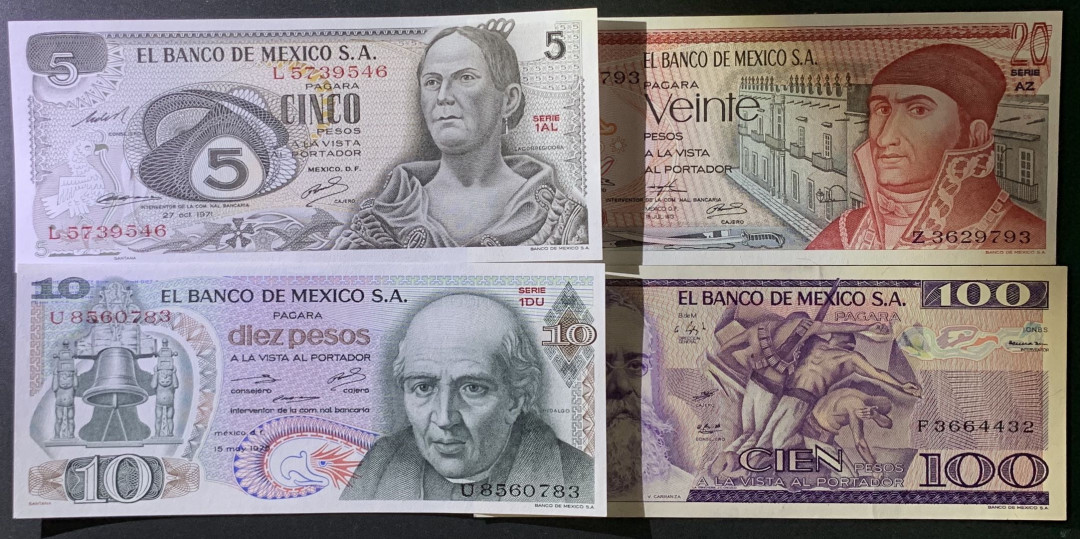 紫瑗钱币——微拍第102期—纸币场 墨西哥 70—80年代  5 10 20 100比索 4枚一套 