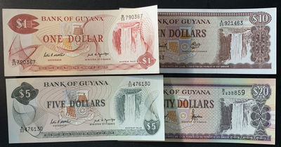 紫瑗钱币——微拍第102期—纸币场 - 圭亚那 1996年 1 5 10 20元 4枚一套 UNC