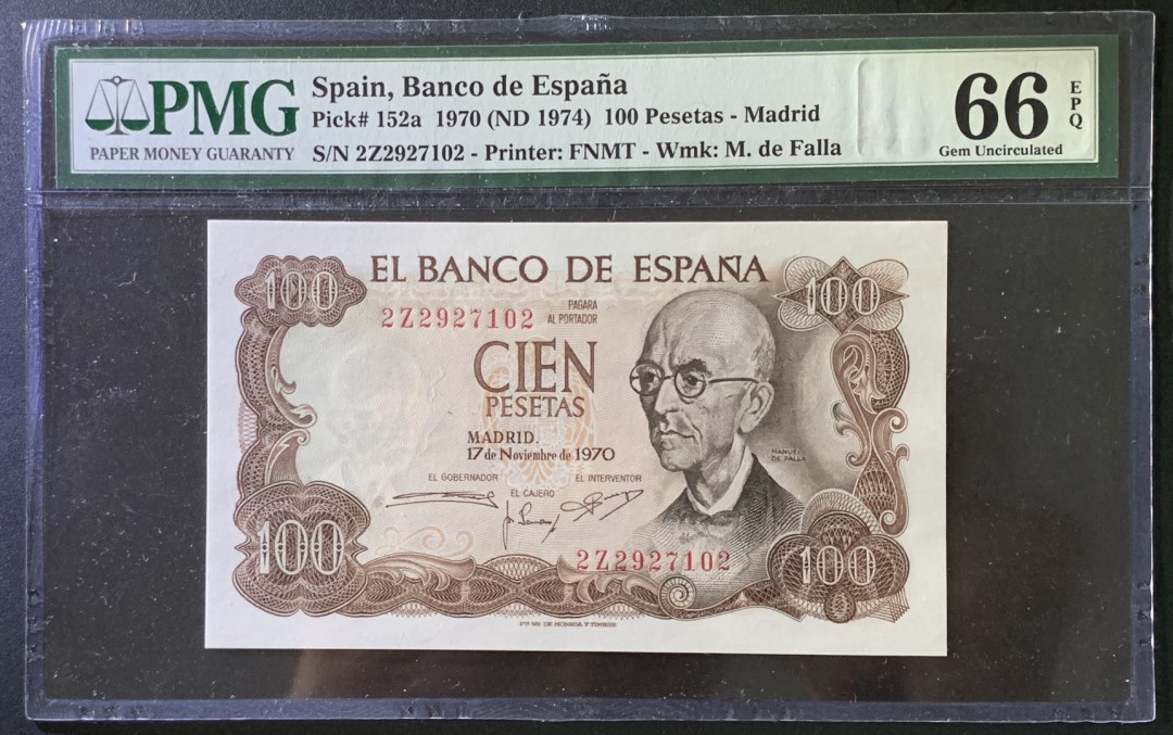紫瑗钱币——微拍第102期—纸币场 西班牙 1970（1974）年 曼努埃尔·德法拉 100比塞塔 PMG 66 EPQ （P-152a）
