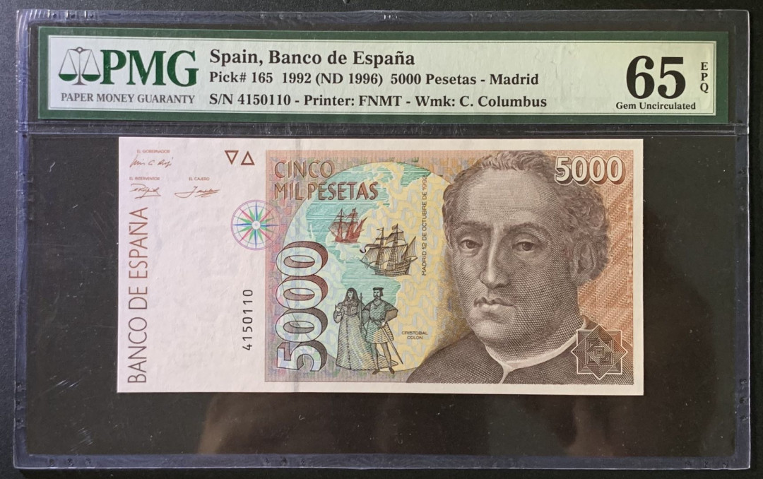 紫瑗钱币——微拍第102期—纸币场 西班牙 1992（1996）年 哥伦布 5000比塞塔 PMG 65 EPQ （P-165）