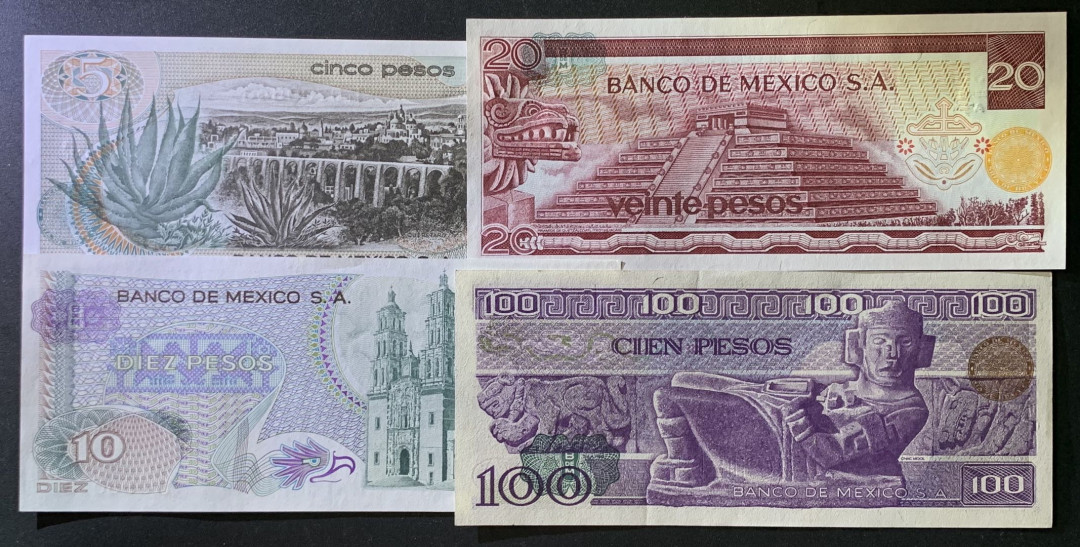 紫瑗钱币——微拍第102期—纸币场 墨西哥 70—80年代  5 10 20 100比索 4枚一套 
