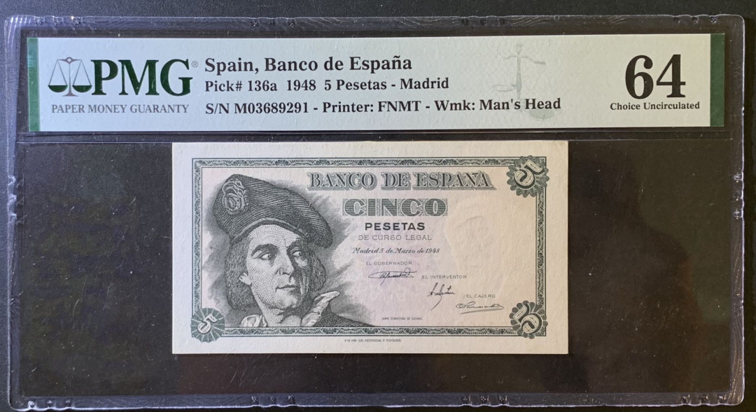 紫瑗钱币——微拍第102期—纸币场 西班牙 1948年 胡安 塞瓦斯蒂安 5比塞塔 PMG 64 （P-136a)