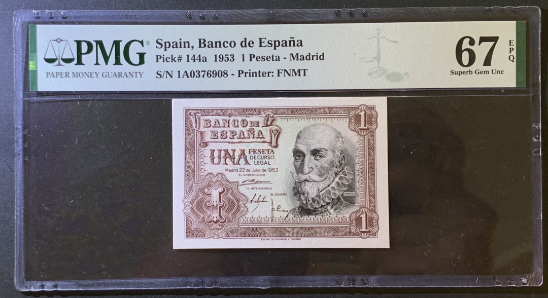 紫瑗钱币——微拍第102期—纸币场 西班牙 1953年 阿尔瓦罗 1比塞塔 PMG 67 EPQ （P-144a）