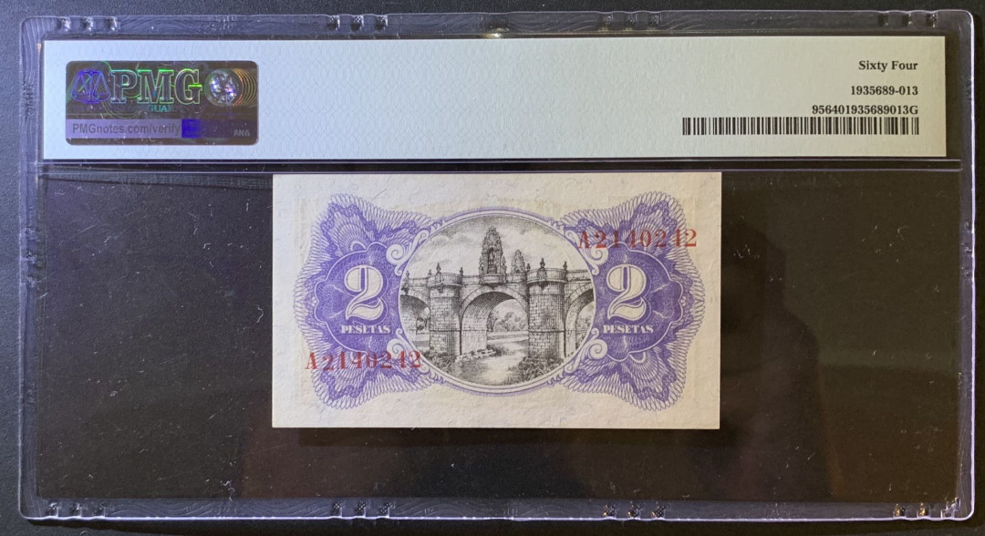 紫瑗钱币——微拍第102期—纸币场 西班牙 1938年 第二共和国 2比塞塔 PMG 64 （P-95）