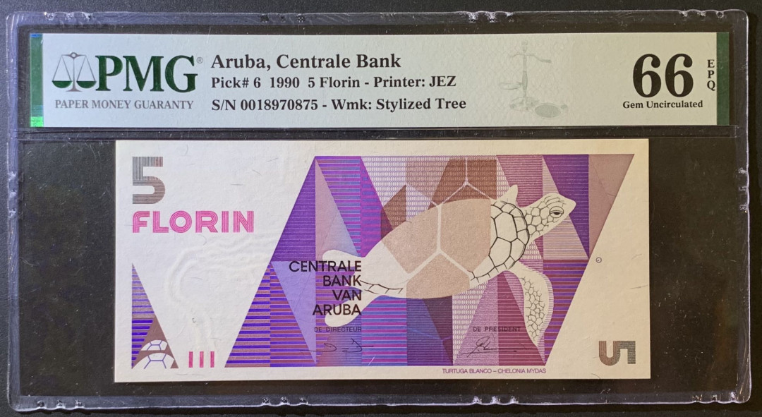 紫瑗钱币——微拍第102期—纸币场 阿鲁巴 1990年 海龟 5佛罗林 PMG 66 EPQ （P-6）