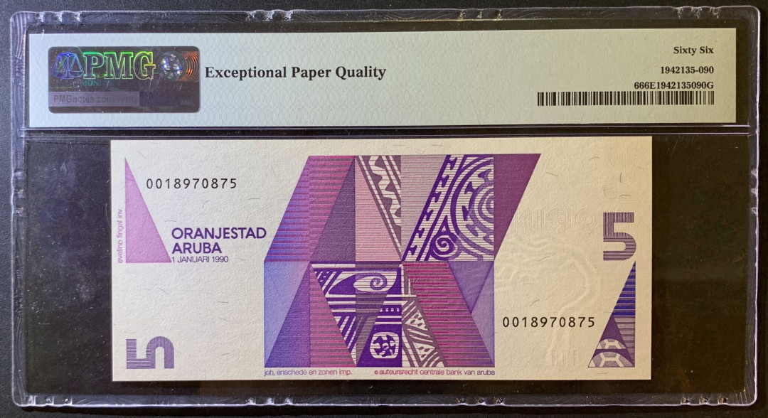 紫瑗钱币——微拍第102期—纸币场 阿鲁巴 1990年 海龟 5佛罗林 PMG 66 EPQ （P-6）