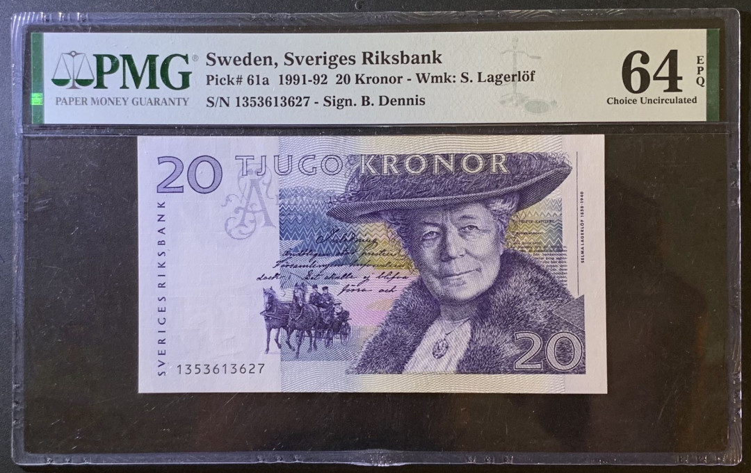 紫瑗钱币——微拍第102期—纸币场 瑞典 1991-92年 骑鹅旅行记 初版 20克朗 PMG 64 EPQ （P-61a)