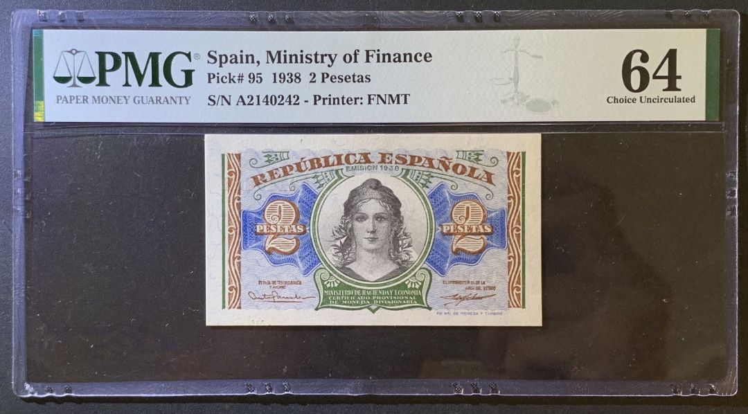 紫瑗钱币——微拍第102期—纸币场 西班牙 1938年 第二共和国 2比塞塔 PMG 64 （P-95）