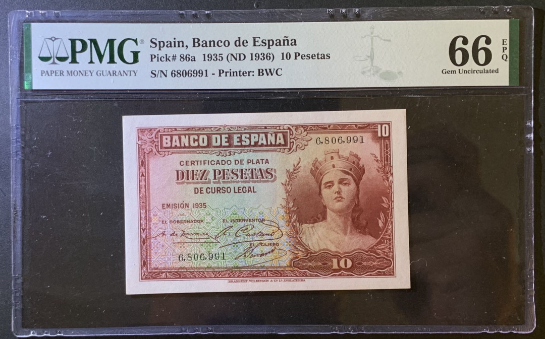 紫瑗钱币——微拍第102期—纸币场 西班牙 1935年  妇女 10比塞塔 PMG 66 EPQ (P-86a)