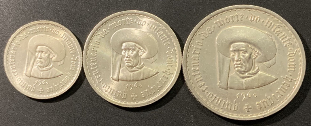 紫瑗钱币——微拍第106期 葡萄牙 1960年 亨利王子500周年  5 10 20埃斯库多 三枚一套 共40.5克 0.835银