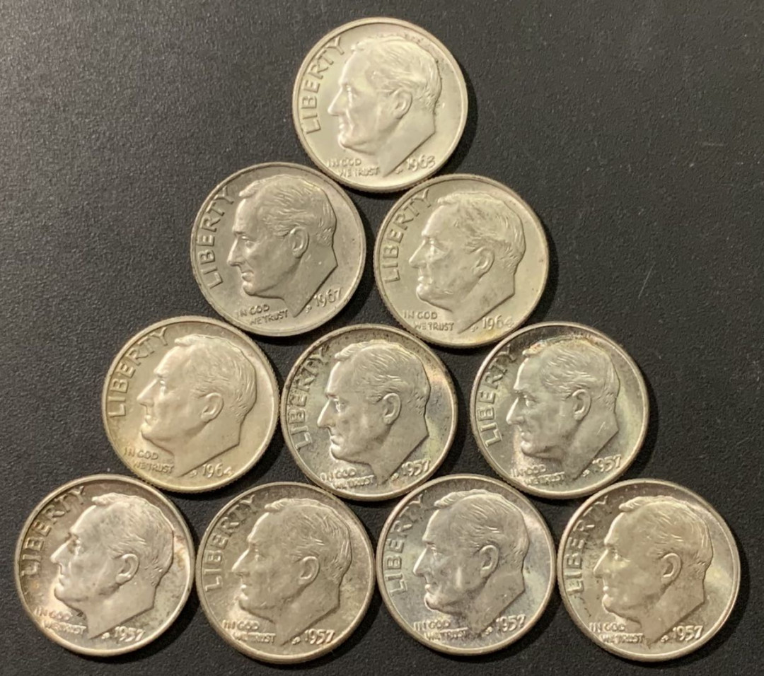 紫瑗钱币——微拍第103期 美国 1946—1964年 罗斯福 10美分 银币 10枚一组 共20克 0.9银 UNC—BU