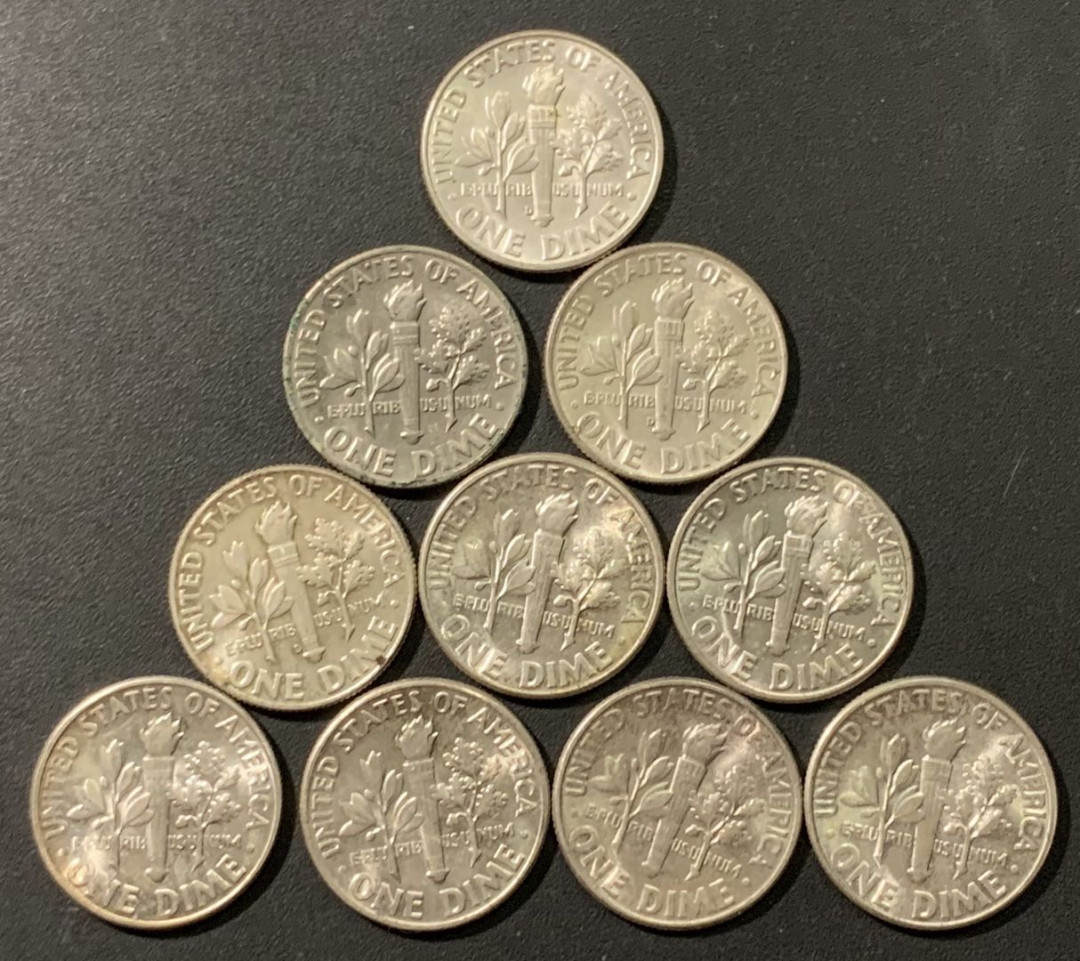 紫瑗钱币——微拍第103期 美国 1946—1964年 罗斯福 10美分 银币 10枚一组 共20克 0.9银 UNC—BU