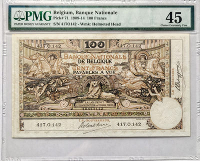 【Blue Auction】世界纸币精拍第十九期——印象•飞天 (共60拍） - 比利时 1909-14年 100法郎 PMG45 飞天 非常漂亮 大票幅 p71 非常稀少 评级记录仅4个 细节非常漂亮