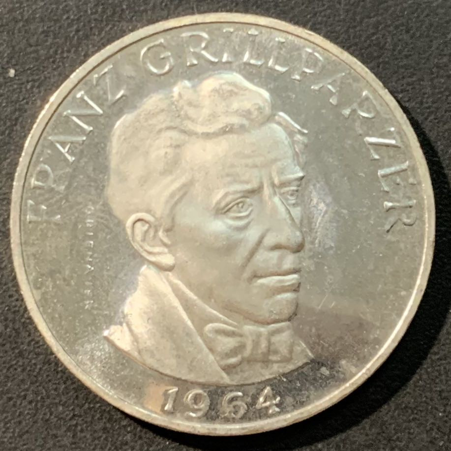 紫瑗钱币——微拍第103期 奥地利 1964年 剧作家  格里尔帕策 25先令 13克 0.8银 