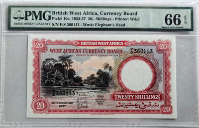 【Blue Auction】世界纸币精拍第二十期—— 非洲之角 (共55拍） - 英属西非 1953-57年20先令 p10a PMG66EPQ 无47 非常稀少 非洲风土人情 雕刻精美