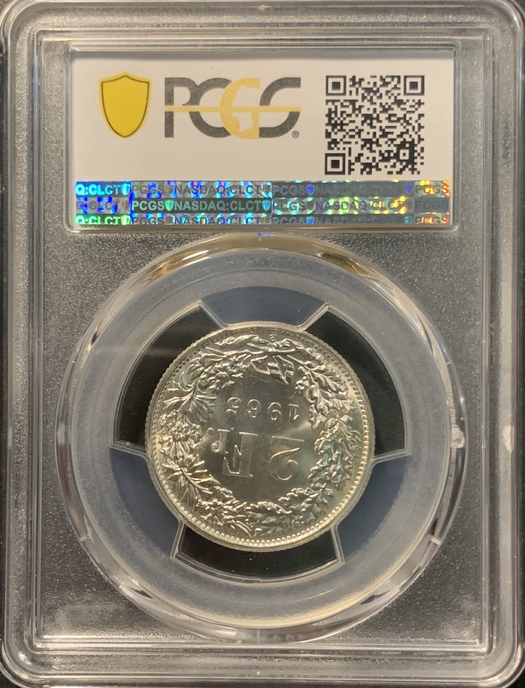 紫瑗钱币——微拍第103期 瑞士 1965年B 赫尔维蒂女神 2法郎 10克 0.835银 PCGS MS65