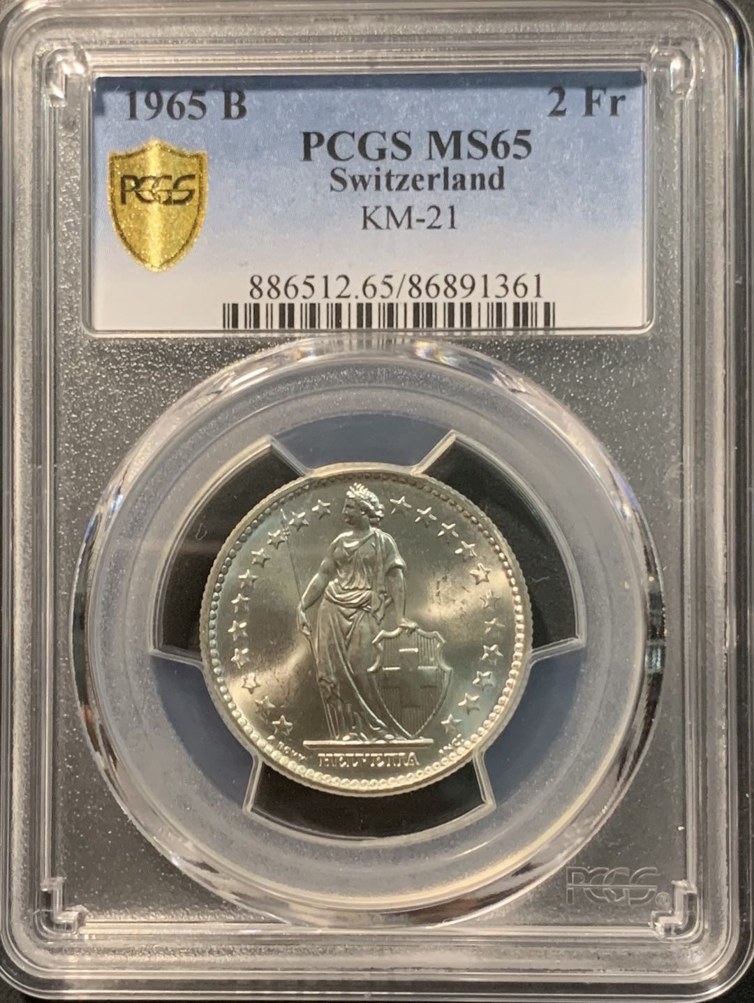 紫瑗钱币——微拍第103期 瑞士 1965年B 赫尔维蒂女神 2法郎 10克 0.835银 PCGS MS65