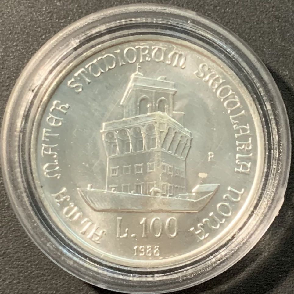 紫瑗钱币——微拍第103期 意大利 1988年 博洛尼亚大学 100里拉 8克 0.835银 UNC