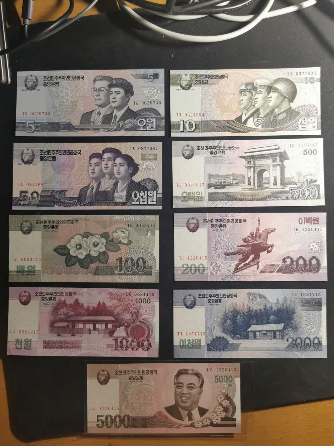 【鲸贝乐淘】千字文·第“节义廉退，颠沛匪亏”号拍卖 【朝鲜🇰🇵 】第五套纸币，全套原票，5000元原票稀有，大面值流通品相，有软折，AUNC 