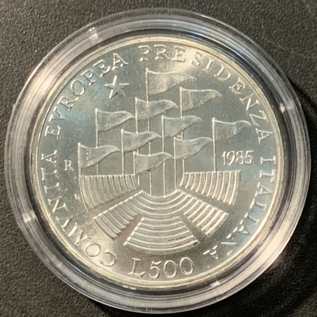 紫瑗钱币——微拍第103期 意大利 1985年 欧盟轮值主席国 500里拉 11克 0.835银 UNC