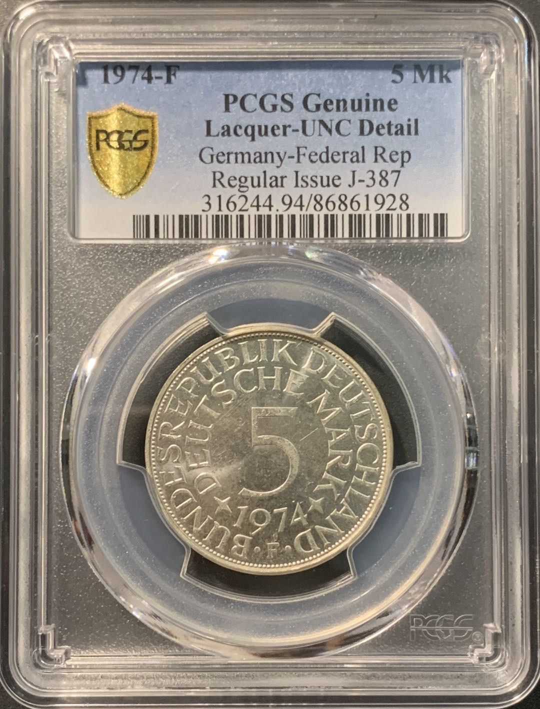 紫瑗钱币——微拍第103期 德国 1974年 F厂 5马克  11.2克 0.625银 PCGS UNC Detail