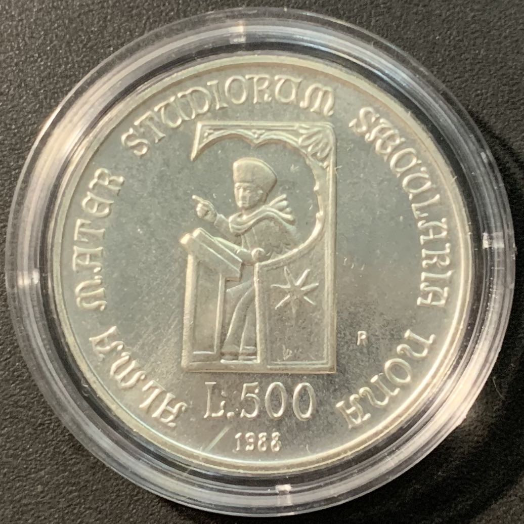 紫瑗钱币——微拍第103期 意大利 1988年 博洛尼亚大学 500里拉 11克 0.835银 UNC