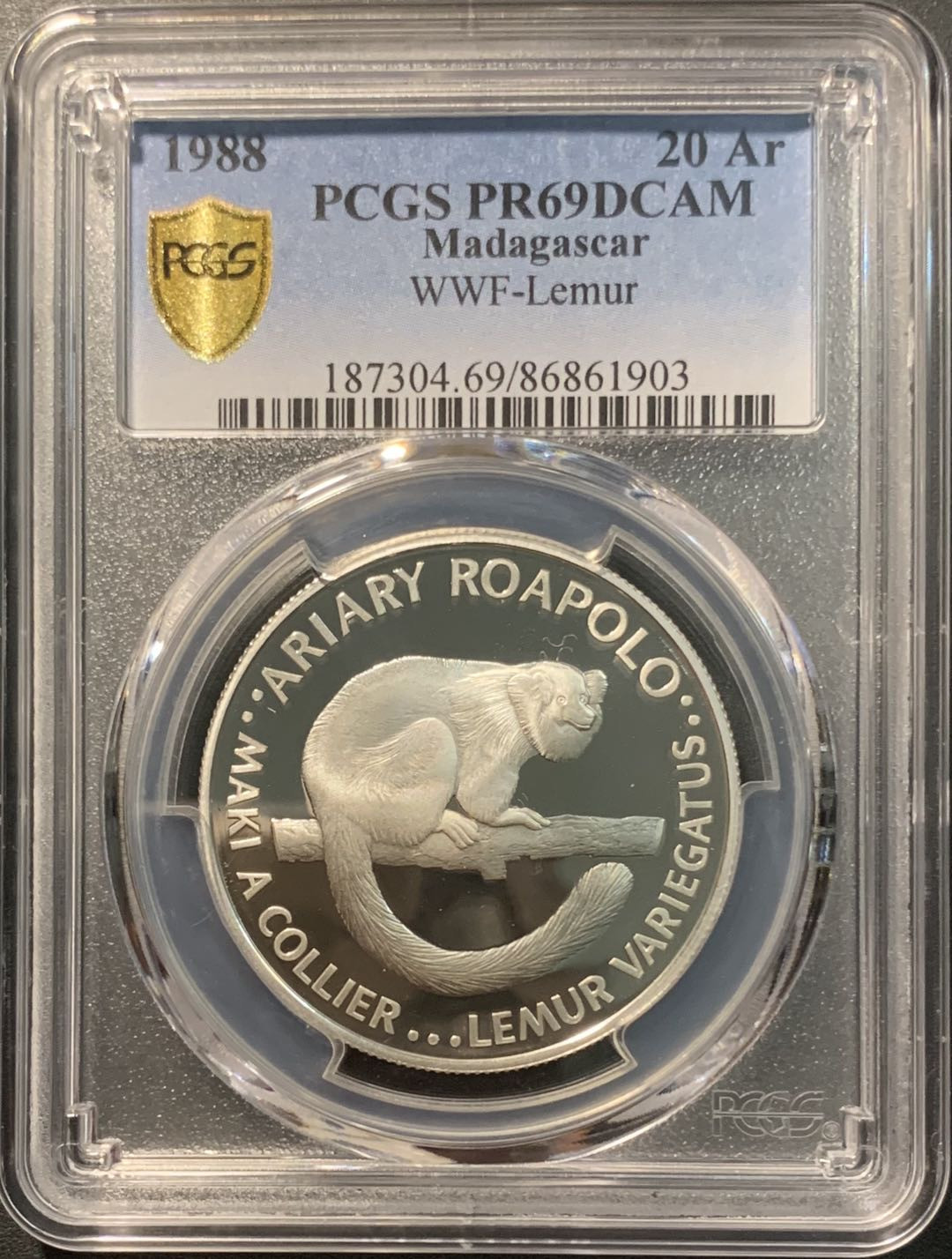 紫瑗钱币——微拍第103期 马达加斯加 1988年 WWF 狐猴 20阿里 PCGS PR69 DCAM