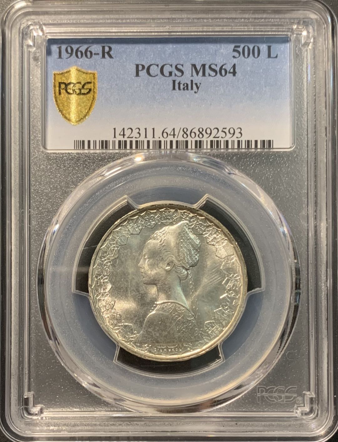 紫瑗钱币——微拍第103期 意大利 1966年 少女与帆船 500里拉 PCGS MS64 背五彩