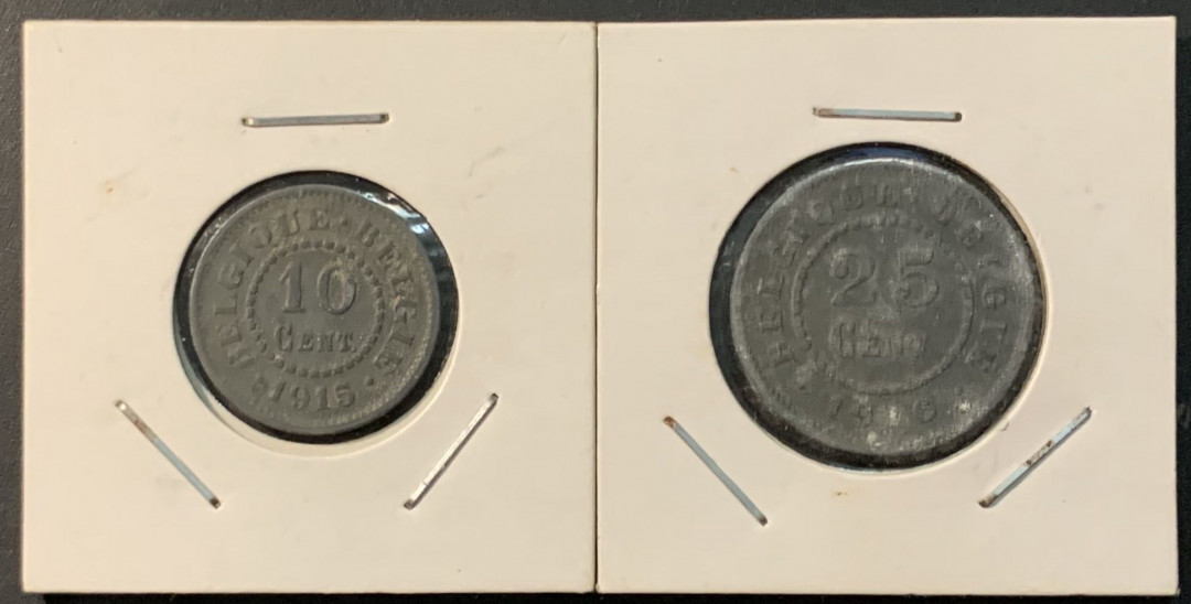 紫瑗钱币——微拍第104期 比利时 一战时期 1915 1916年 10 25分 锌币 2枚一组