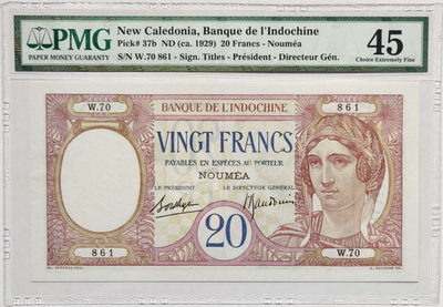 【Blue Auction】世界纸币精拍第21期—— 百年守望 (共50拍） - 【状态好 严重低评】新喀里多尼亚 1929年 20法郎 PMG45 孔雀精美 稀少