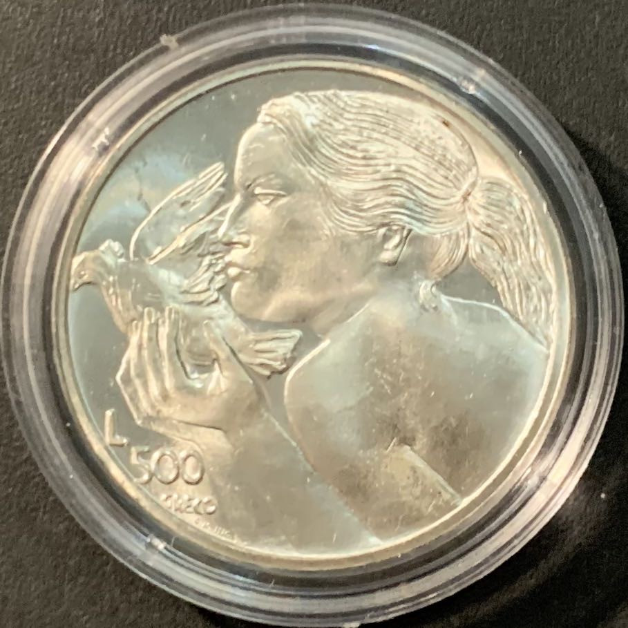 紫瑗钱币——微拍第104期 圣马力诺 1973年 女孩拿着和平鸽 500里拉 11克 0.835银 UNC