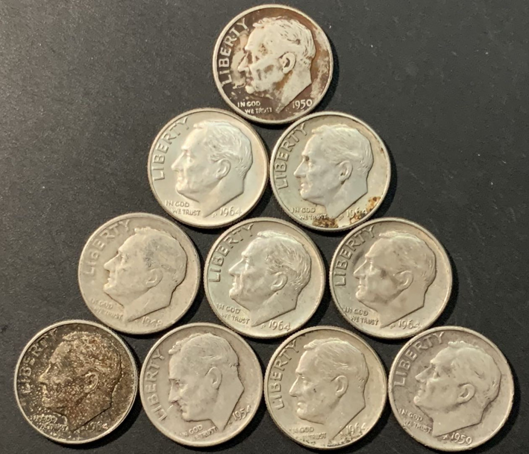 紫瑗钱币——微拍第104期 美国 1946—1964年 罗斯福 10美分 银币 10枚一组 共20克 0.9银 