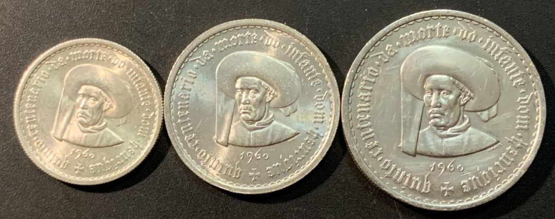 紫瑗钱币——微拍第104期 葡萄牙 1960年 亨利王子500周年  5 10 20埃斯库多 三枚一套 共40.5克 0.835银