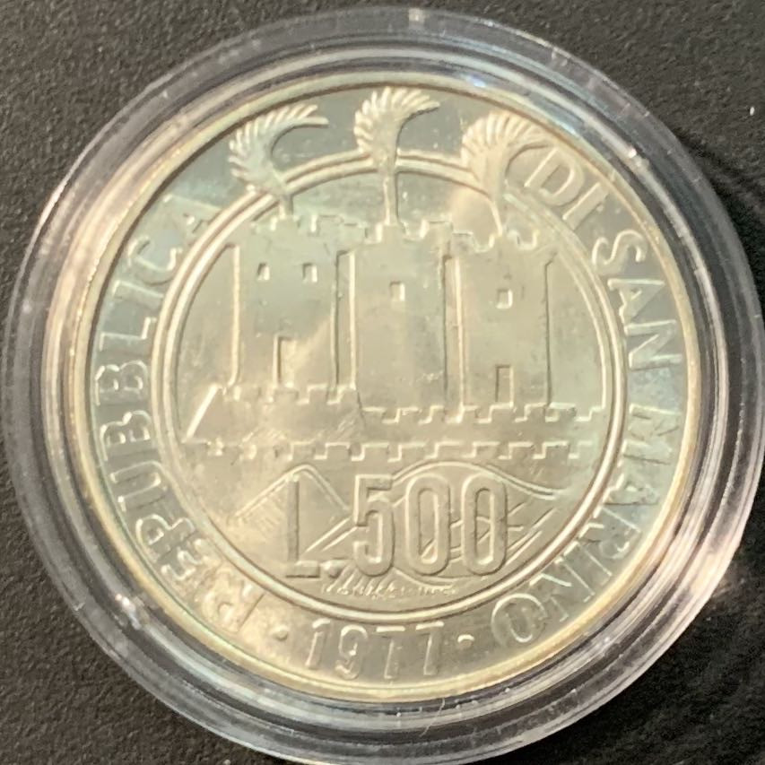 紫瑗钱币——微拍第104期 圣马力诺 1977年 颠倒的鸽子 500里拉 11克 0.835银 UNC