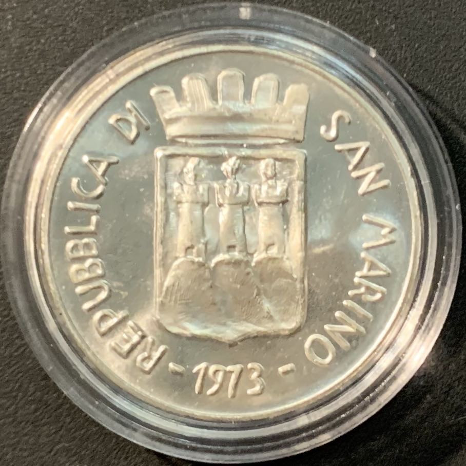 紫瑗钱币——微拍第104期 圣马力诺 1973年 女孩拿着和平鸽 500里拉 11克 0.835银 UNC