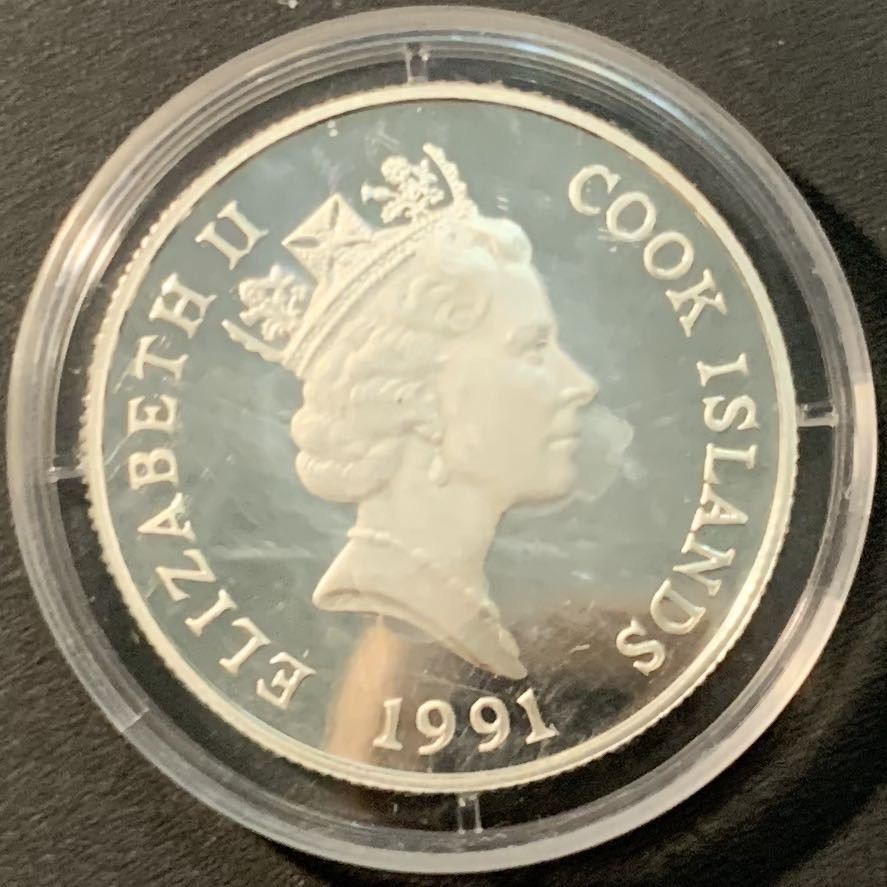 紫瑗钱币——微拍第104期 库克群岛 1991年 94美国世界杯 5元 9.95克 0.5银 精制