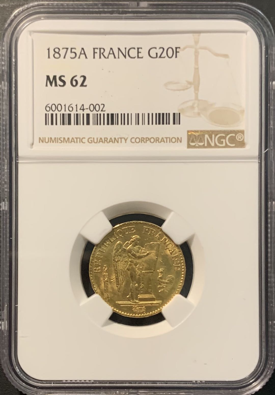 紫瑗钱币——微拍第104期 法国 1875年 天使 20法郎 6.45克 0.9金 NGC MS62