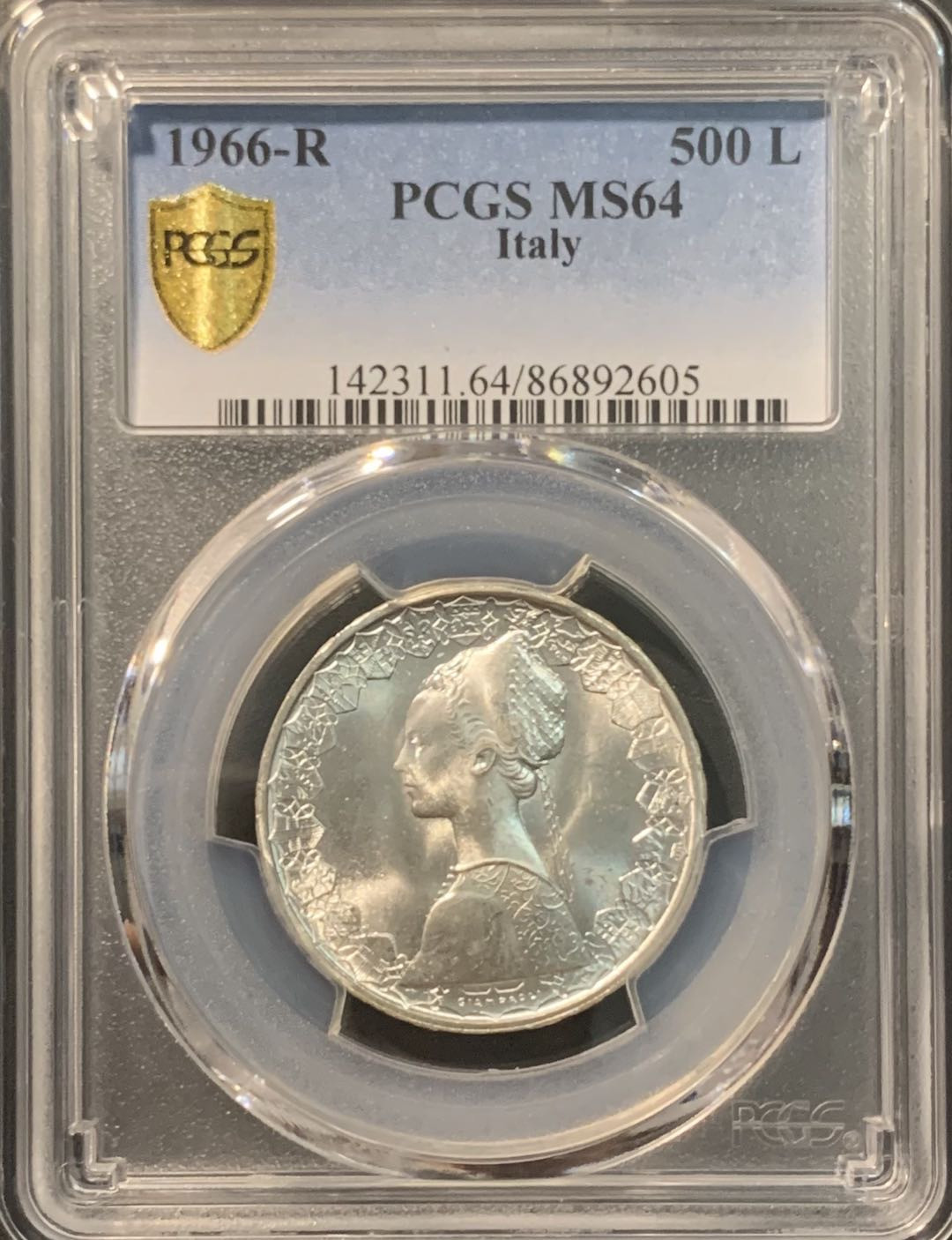 紫瑗钱币——微拍第104期 意大利 1966年 少女与帆船 500里拉 11克 0.835银 PCGS MS64