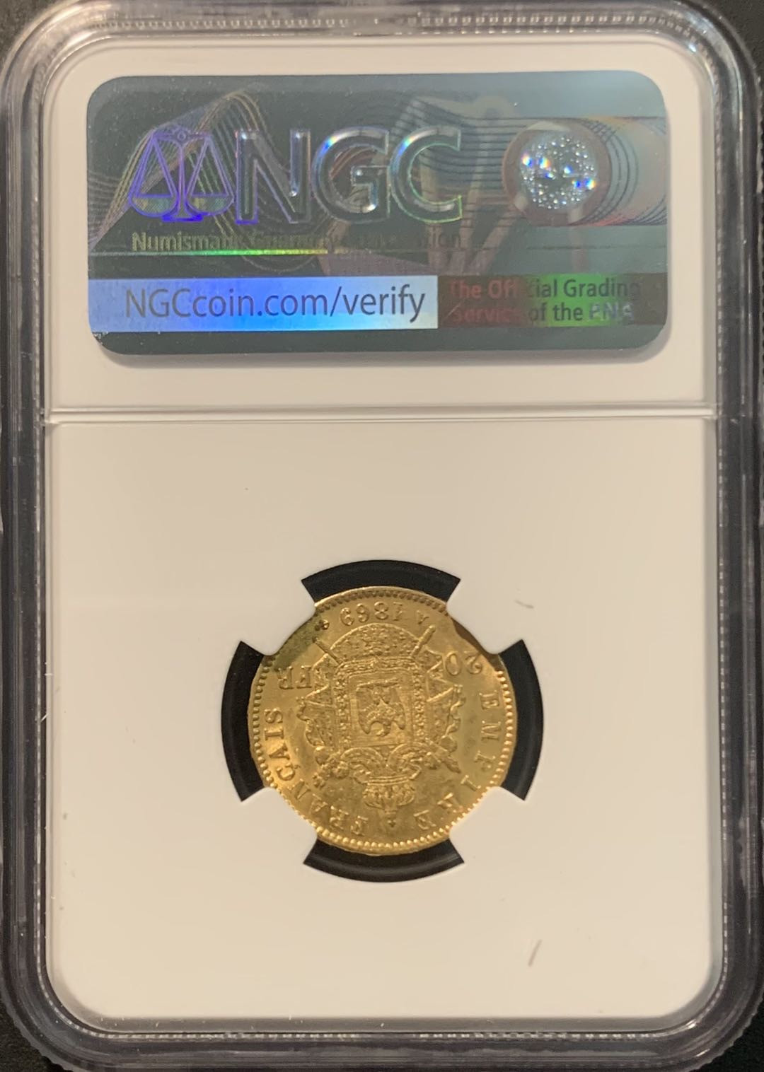 紫瑗钱币——微拍第104期 法国 1869年 拿破仑三世 20法郎 6.45克 0.9金 NGC MS62