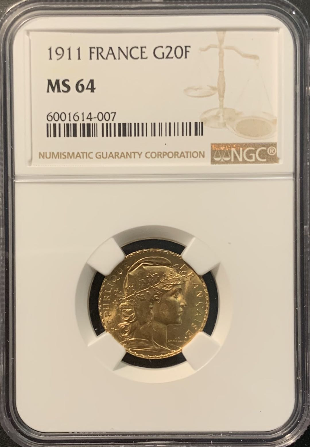 紫瑗钱币——微拍第104期 法国 1911年 公鸡 20法郎 6.45克 0.9金 NGC MS64