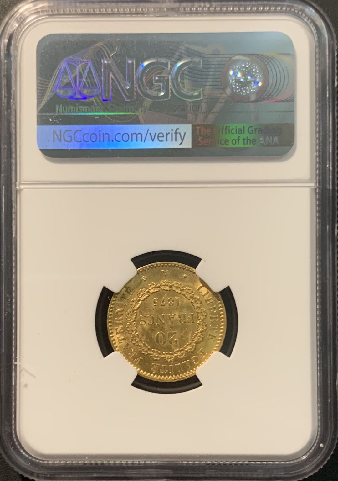 紫瑗钱币——微拍第104期 法国 1875年 天使 20法郎 6.45克 0.9金 NGC MS62