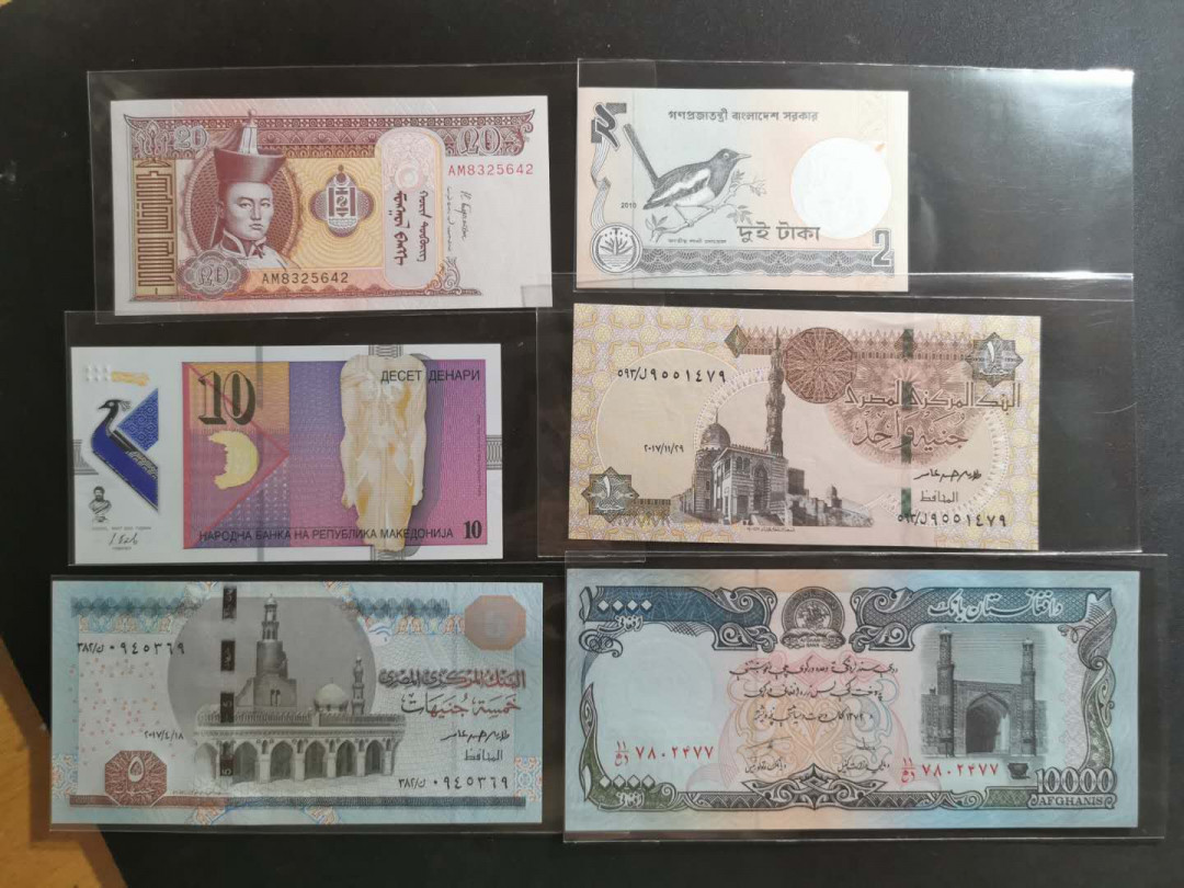 【鲸贝乐淘】千字文·第“性静情逸，心动神疲”号拍卖 【外币一组六张】全新全品UNC ，蒙古，斯里兰卡，马其顿，埃及，阿富汗