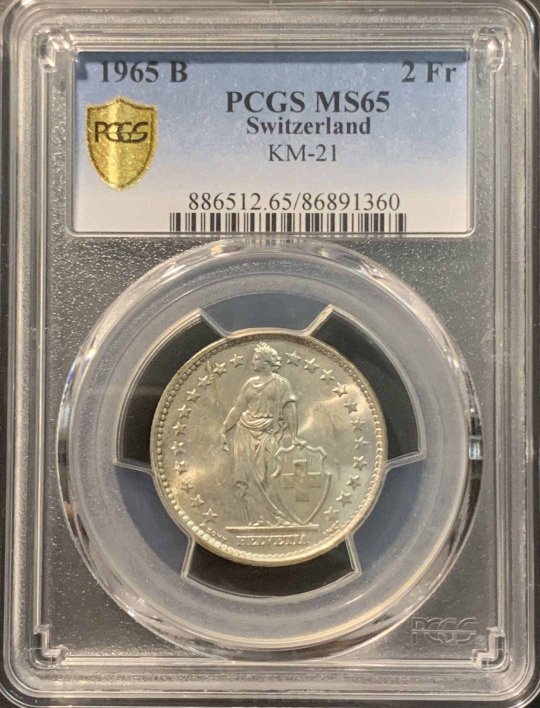 紫瑗钱币——微拍第104期 瑞士 1965年B 赫尔维蒂女神 2法郎 10克 0.835银 PCGS MS65