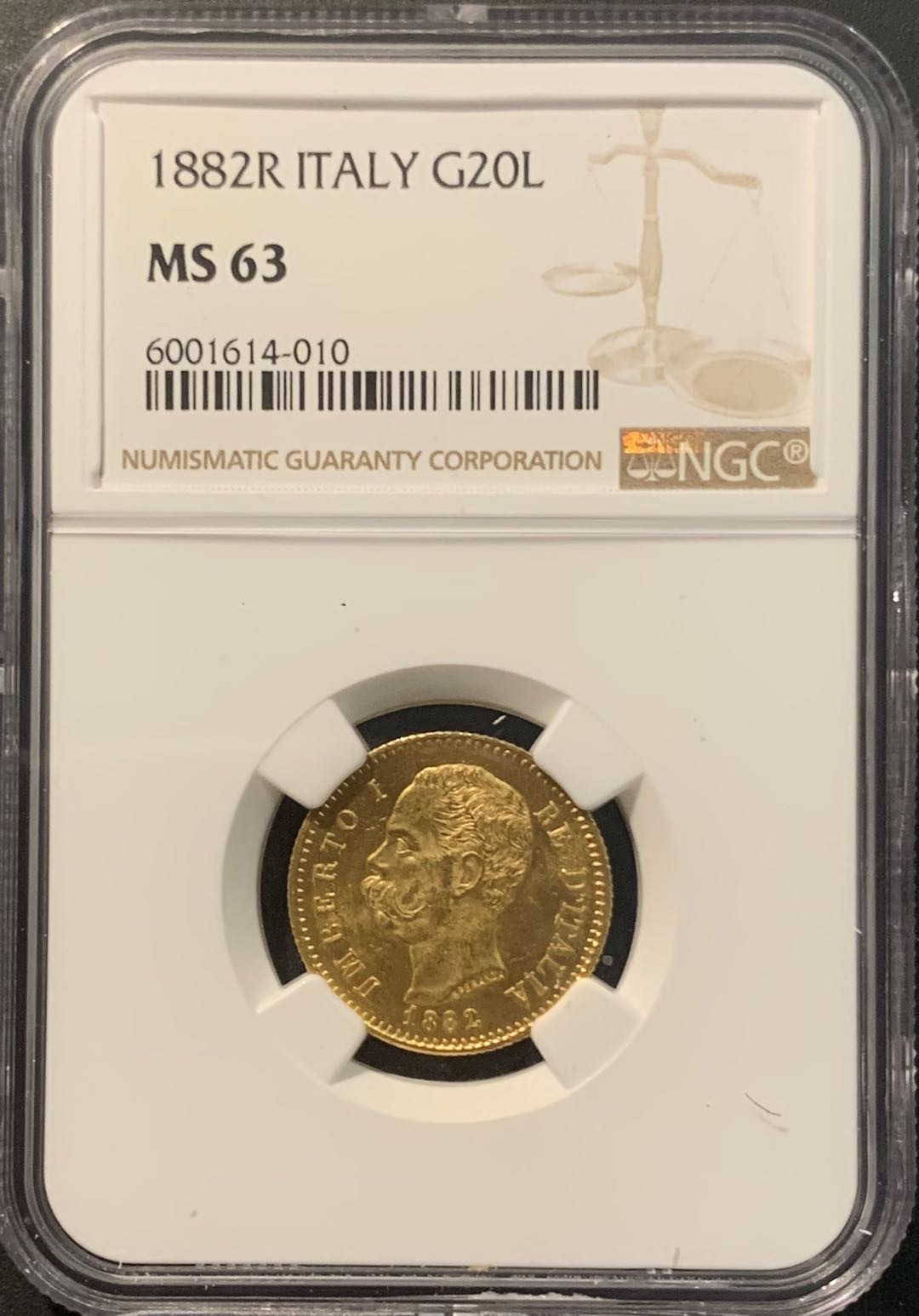 紫瑗钱币——微拍第104期 意大利 1882年 翁贝托一世 20里拉 6.45克 0.9金 NGC MS63