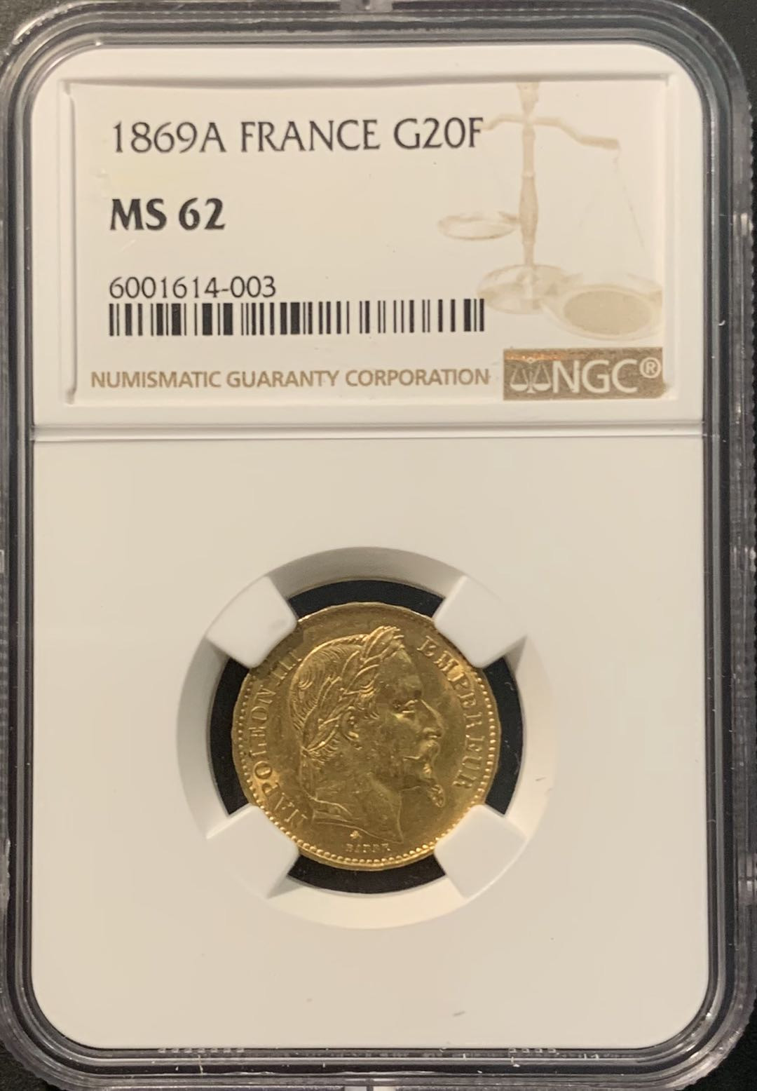 紫瑗钱币——微拍第104期 法国 1869年 拿破仑三世 20法郎 6.45克 0.9金 NGC MS62