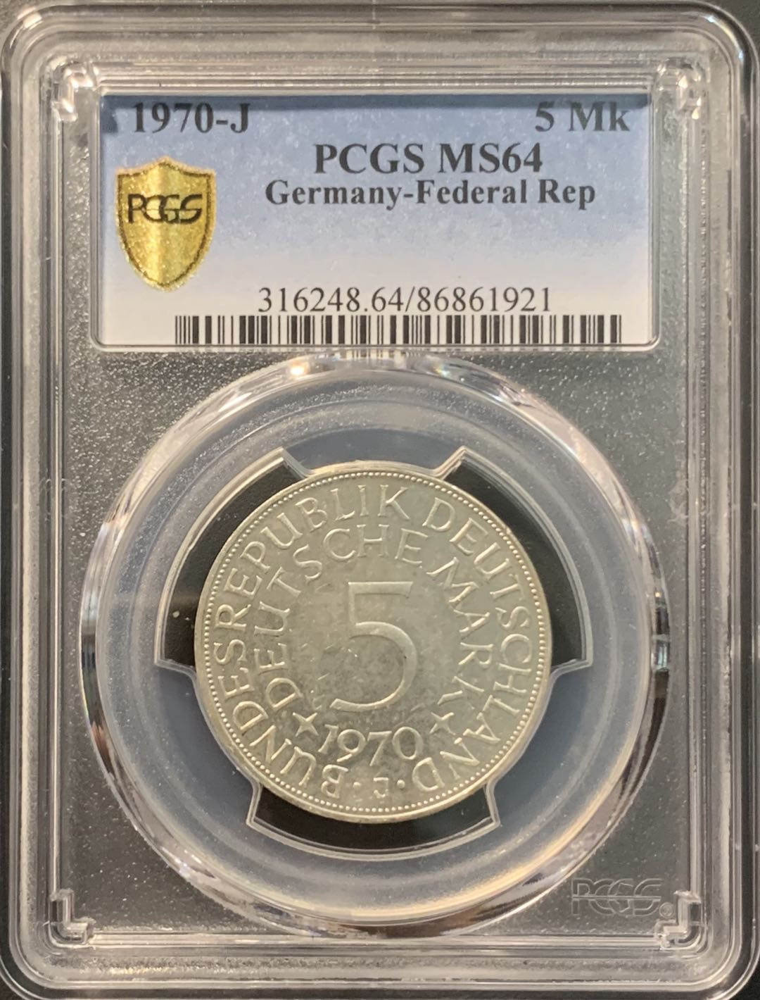 紫瑗钱币——微拍第104期 德国 1970年 J厂 5马克 流通币 11.2克 0.625银 PCGS MS64